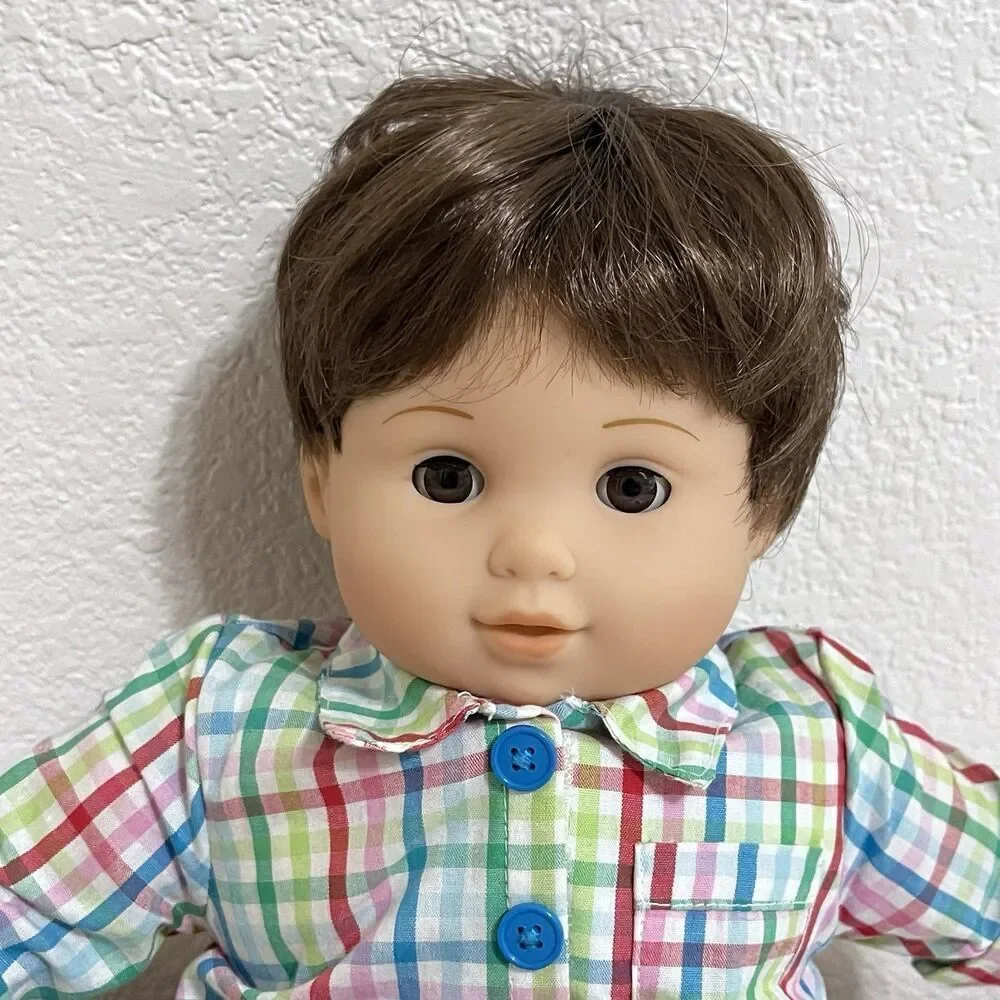 American Girl Bitty Baby Boy Twin Doll Brown Hair Brown Eyes Plaid Shirt 16